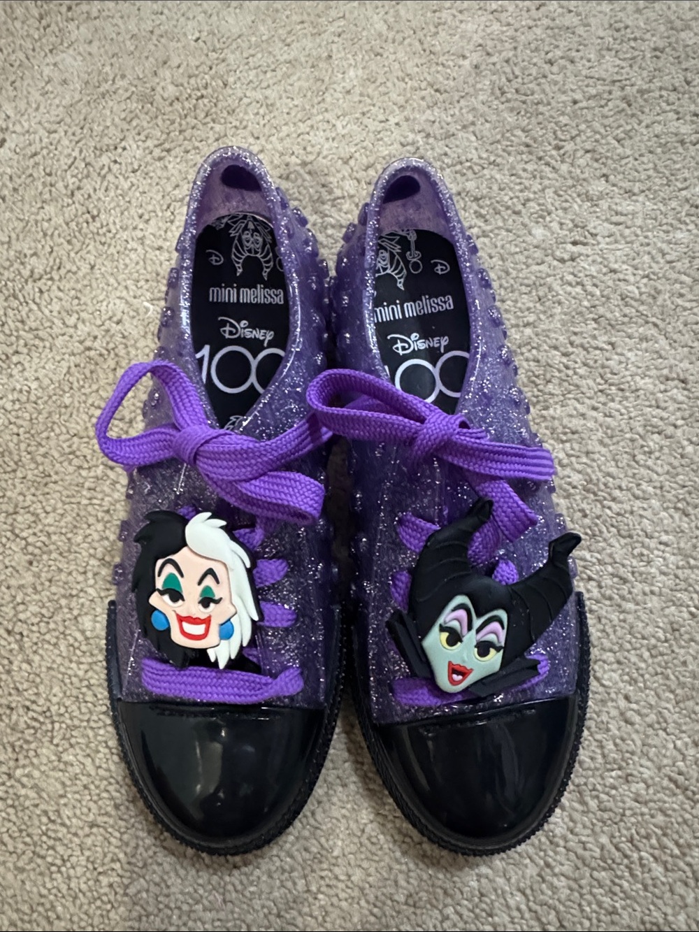 Melissa Kids Purple Glitter Sneakers with Black Toe Caps and Villain Charms